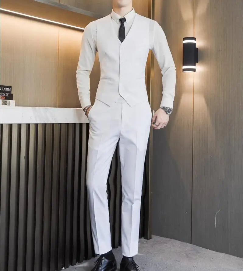2026 Men's Bright Red V-Neck Sleeveless Vest with Pants, Green Gray Black White Purple Waistcoat and Trousers Asian Size Sets