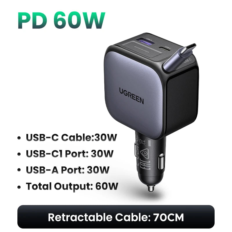 UGREEN 60W Retractable Car Charger Fast Charge for iPhone Samsung Mobile Phone Car Charger