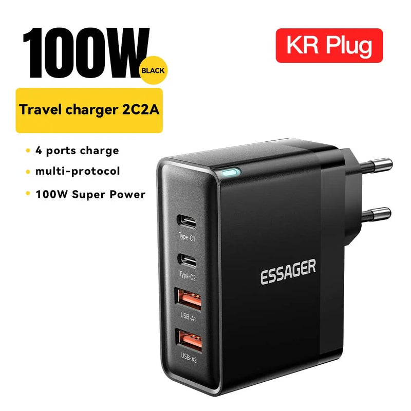 Essager 100W US/KR Plug USB Type C GaN Charger For Laptop Macbook PD Fast Charging For iPhone 16 15 14Pro Samsung Charge Adapter