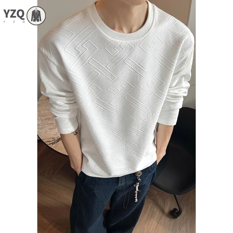 Men Crew Neck Long Sleeve Sweatshirt Maze Geometric Embossed Jacquard Oversized Silhouette For Autumn Daily Street Wear