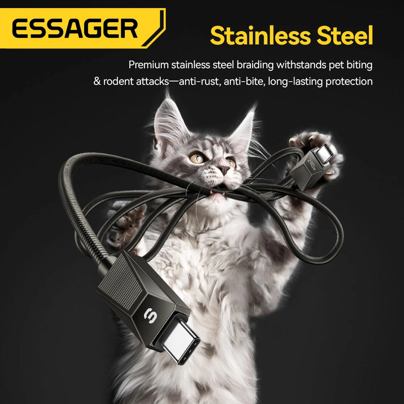 ខ្សែសាក Essager 240W Super Fast Charge Type-C ខ្សែសាកដែកអ៊ីណុក 100W សាកលឿន 5A សម្រាប់ Macbook iPad iPhone 16 15 Pro Ma