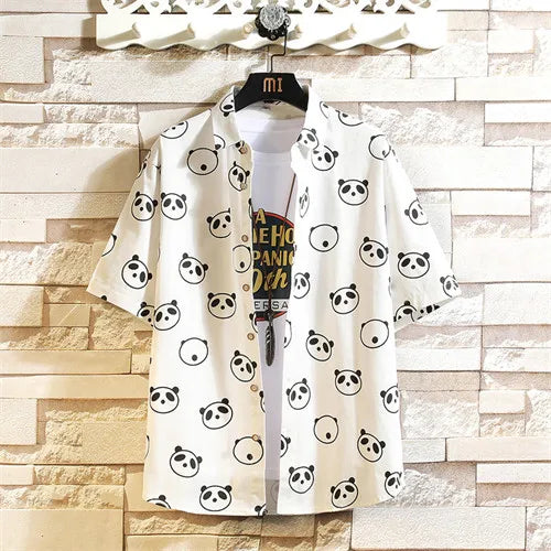2026 Men's Blue Short-sleeved Shirt, Summer Cotton Shirts, White Yellow Single Breasted Lapel Top Chemise Giant Panda Pattern