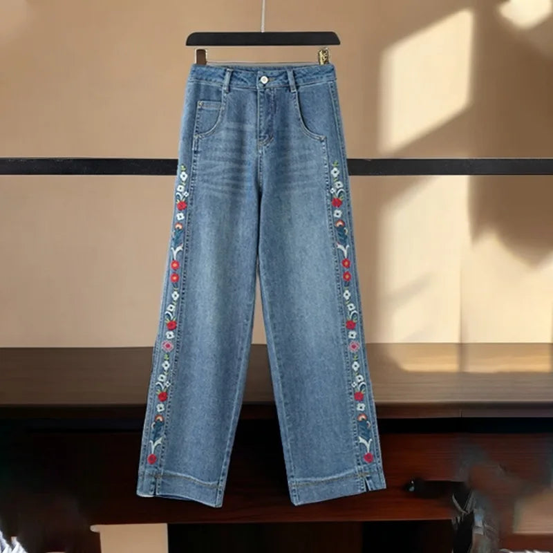 New Fall Women's Blue Wide-Leg Jeans with Embroidery, Asian Sizes, Denim Pants. 2026-2027