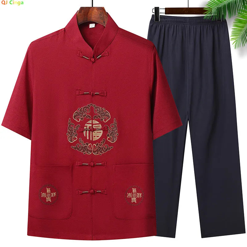 Chinese-style Men's Stand-collar Two-piece Set: A Summer Short-sleeve Shirt Paired with Cropped Pants. Red,Blue,Green,Khaki,Gray
