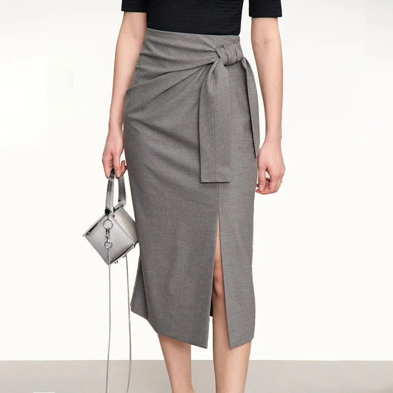 AMII Minimalist 2026 Autumn Skirts For Women New Temperament Tie Split Straight A-Line Solid Skirt Office Lady Clothing 12342411