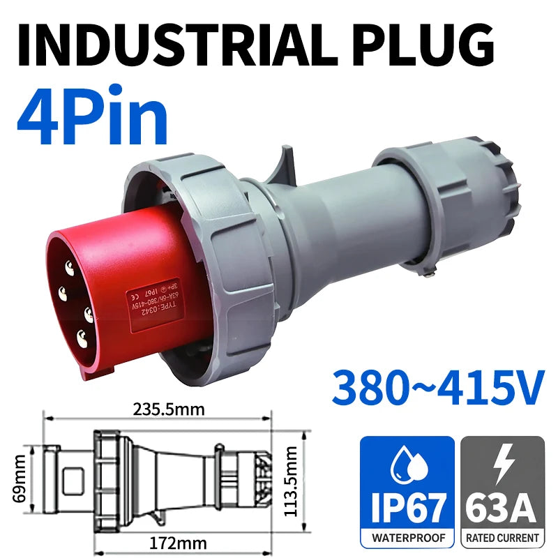 ឈុតរន្ធដោតឧស្សាហកម្ម IP67 63A 3/4/5 ម្ជុល 220V-415V ស្តង់ដារ CEE ប្រុស និងស្រី ជាមួយទំនាក់ទំនងស្ពាន់សុទ្ធ ផ្ទៃរាបស្មើ ឬរាបស្មើ