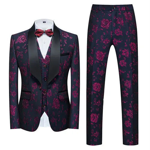 Men's Blue Jacquard Fabric Suit 3-Piece, Fashion Slim-Fit Blazer Jacket Trousers Vest, Spring  Autumn New Men Sets, Asian Size