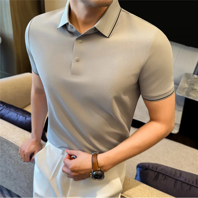 Men’s Slim Fit Polo Shirt with Contrast Collar Wrinkle-Free, Odor-Resistant Business Casual Top Sun-Friendly Fabric