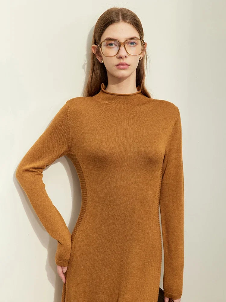 AMII Minimalist Knitting Dresses For Women 2026 Winter New Mid-Calf A-line Long Sleeve Half High Collar Slim Vestidos 12354005