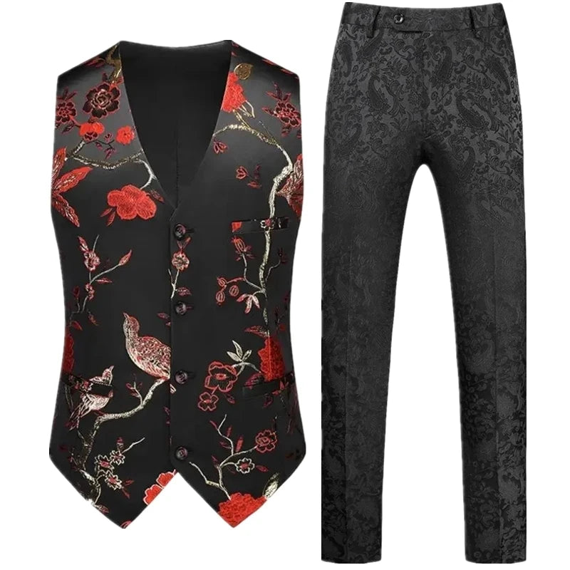 Men's Red Two-Piece Set, Sleeveless V-neck Vest with Trousers, White, Black, Red, Silver, Green,Purple To Choose From!
