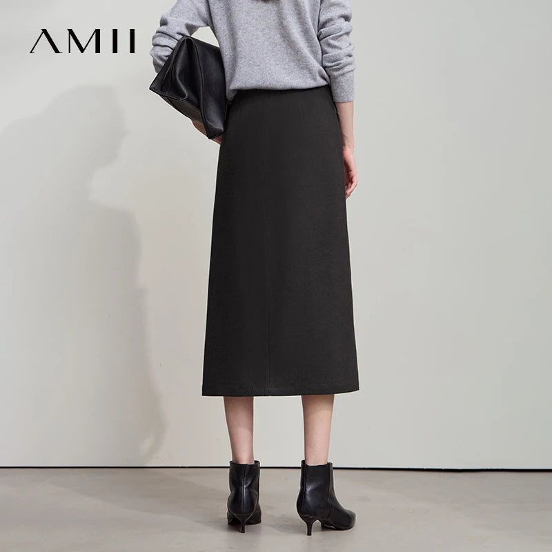 AMII សំពត់ពណ៌ត្នោតសម្រាប់នារីៗ រដូវស្លឹកឈើជ្រុះ ឆ្នាំ២០២៥ រចនាបថ Retro Brushed Twill Side Slit សំពត់ Midi សម្រាប់នារីការិយាល័យ សម្លៀកបំពាក់នារី 12543057