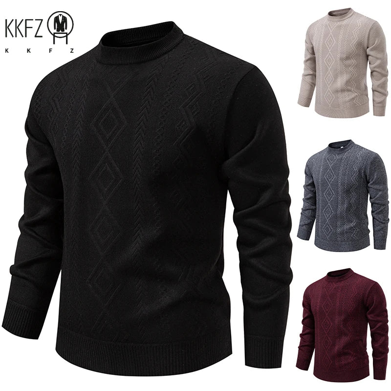 Wind Resistant Men Knitted Sweater Stretch Rib Hem Vertical Twist Jacquard Fleece Lined Office Daily Long Sleeve Top