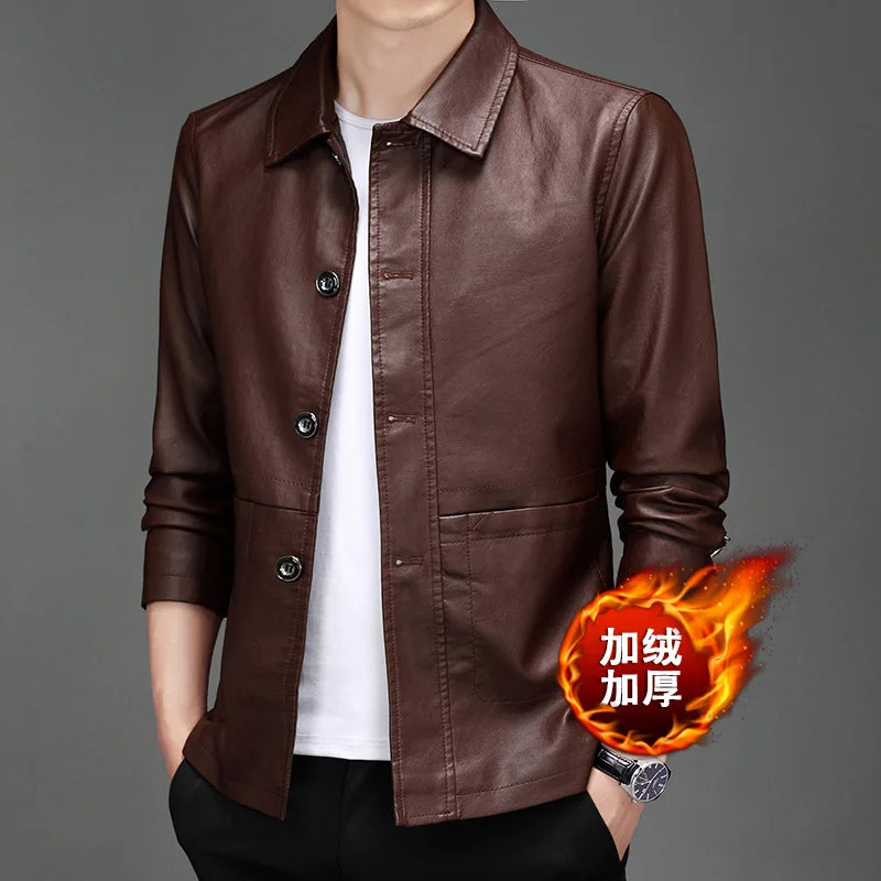 New Product Launch in 2026: Men's Black Long-sleeved PU Jacket, Artificial Leather Single-button Lapel Coat.