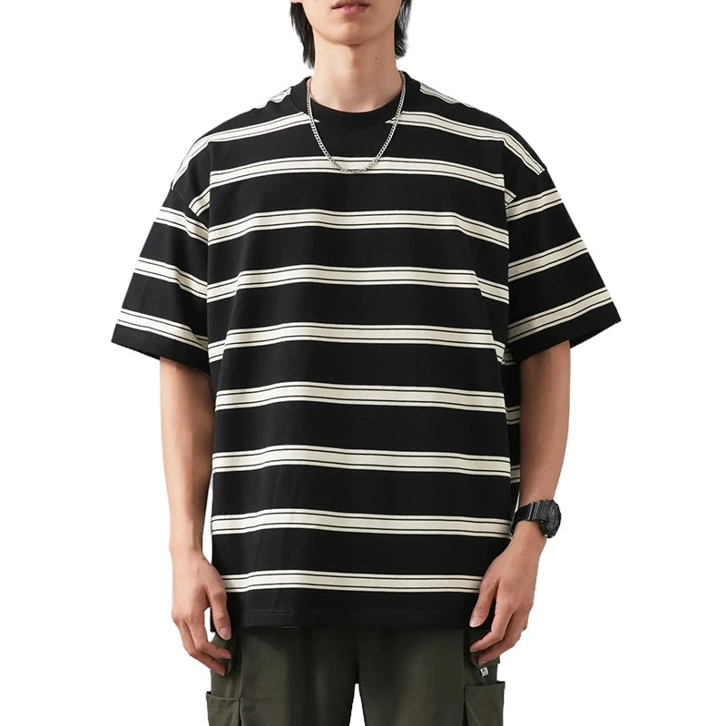 DUKEEN 320G Heavyweight Striped T Shirt for Men Summer Fashion 100% Cotton Crew Neck Short Sleeve Tees Couple Clothing Oversize