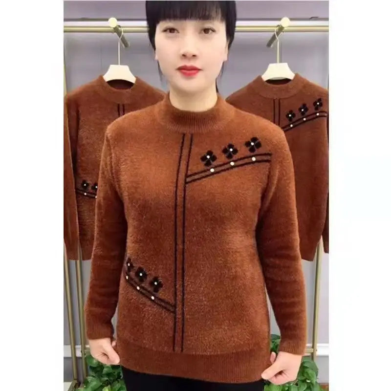 Winter Woman Clothes Half Turtleneck Thicken Pullover Top Warm Mink Fur Knitwear Female Clothing Bottom Wear Printed Sweater