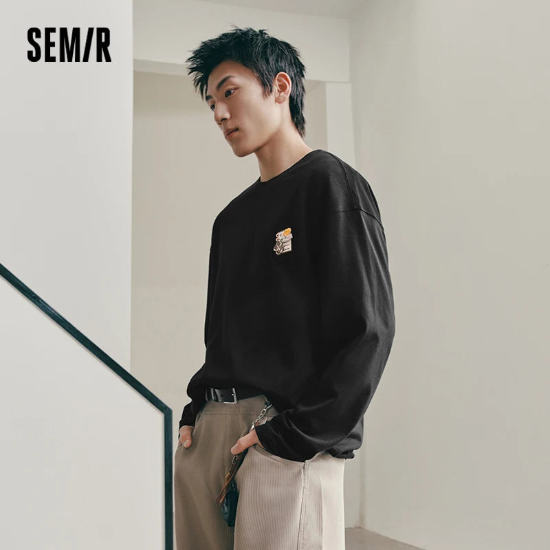 Semir Men Tshirt Long Sleeve Loose Crew Neck Embroidered Detail 2026 Autumn Couple Casual Pullover Everyday Top