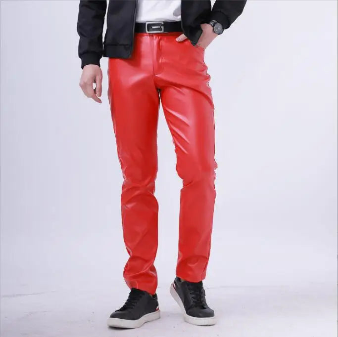 2026 Bright Green Men's Biker Leather Pants, Fashion Slim Stretch PU Pants Red Blue Black Gray Men Pant Plus Size 28-36 38 40