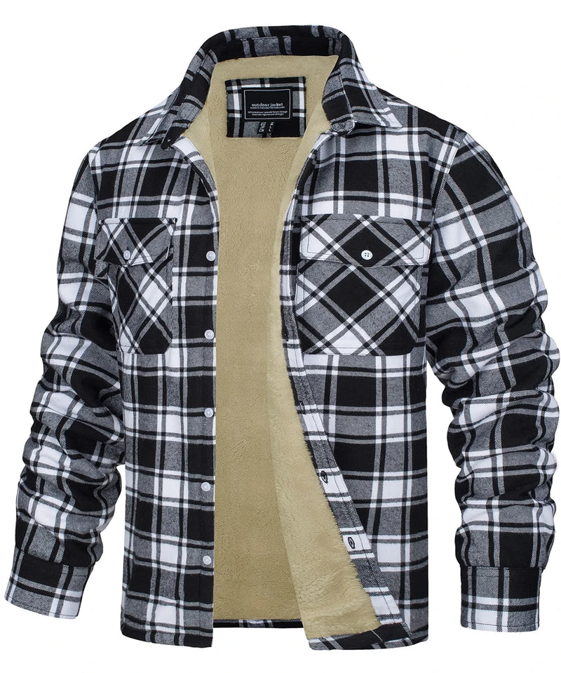 TACVASEN Fleece Lining Jackets Mens Flannel Cotton Jackets Plaid Casual Button Down Cargo Work Coats Thicken Outwear Man Tops