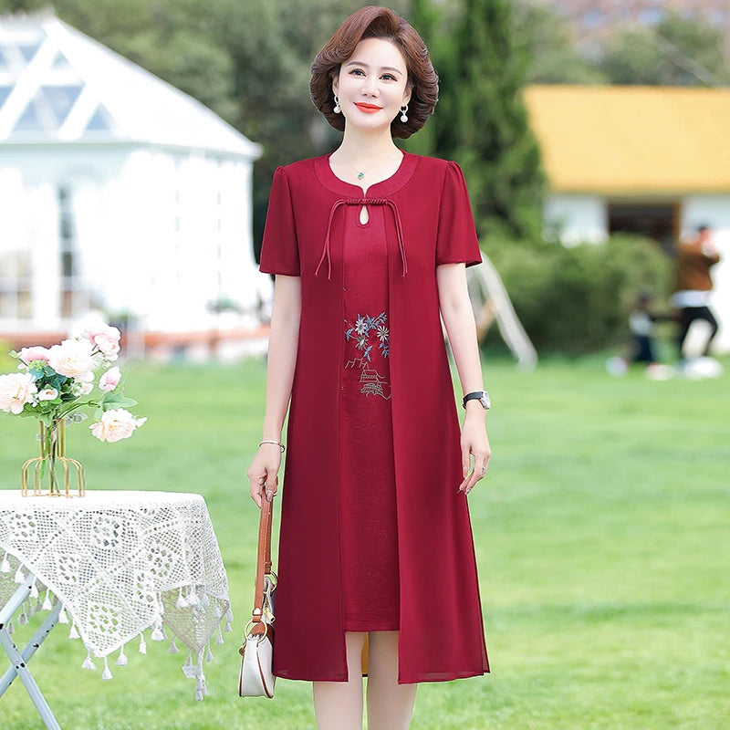 រ៉ូបប៉ាក់ chiffon ម៉ូដរដូវក្តៅសម្រាប់ស្ត្រីអាយុ ៤០ ឆ្នាំ និង ៥០ ឆ្នាំ រចនាប័ទ្មរដូវក្តៅ សំពត់ពោះថ្លៃថ្នូរបែប Retro