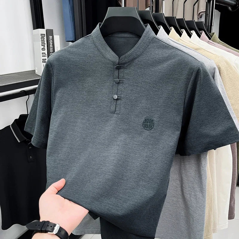 Men Summer Chinese Style Short Sleeve T Shirt Mandarin Collar Frog Button Embroidered Casual Breathable Tee