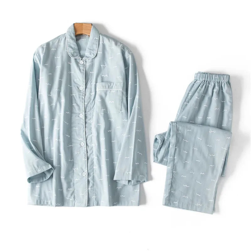 Spring Autumn Home Pajamas For Women 100% Cotton Double-Layer Gauze Long-Sleeved Trousers Pijama Suit Ladies Household Clothes
