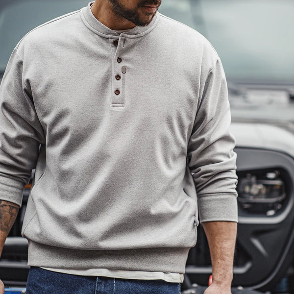 សម្លៀកបំពាក់បុរស Maden American Casual Henry Collar Tops Sweatshirt Clean-fit ដៃវែងបាត អាវយឺតនិទាឃរដូវម៉ូដទាន់សម័យ