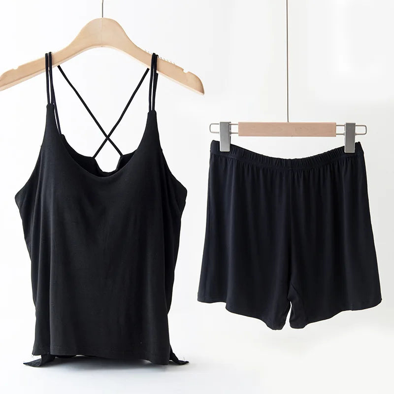 Pijamas Femininos New Sexy Bra Sling Shirt Shorts Set Modal Chest Pad Summer Pajamas For Women Nightwear Home Night Clothes