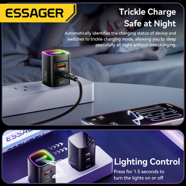 ឆ្នាំងសាក Essager GaN 33W USB Type C ឆ្នាំងសាកចល័ត PD លឿនសម្រាប់ iPhone 17 16 15 14 Pro Max iPad Xiaomi Samsung S25 ឆ្នាំងសាក RGB