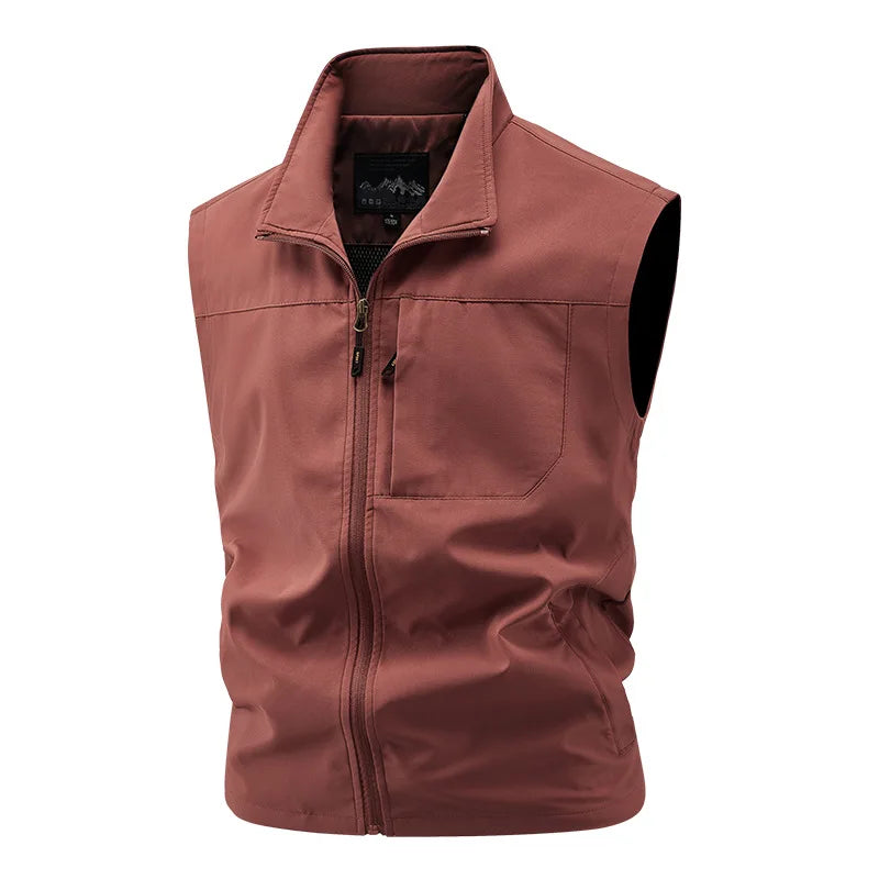 Men's Red Sleeveless Vest Jacket, Perfect for Summer Fishing or Casual Wear, Available in Blue, Black, Green, Beige, and Gray.