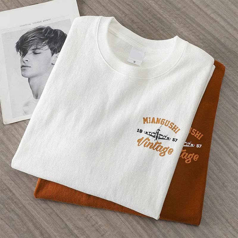 Dukeen 320g Heavyweight Short Sleeved T Shirt Men Summer Vintage Aeroplane Printing 100% Cotton Casual Tops Unisex