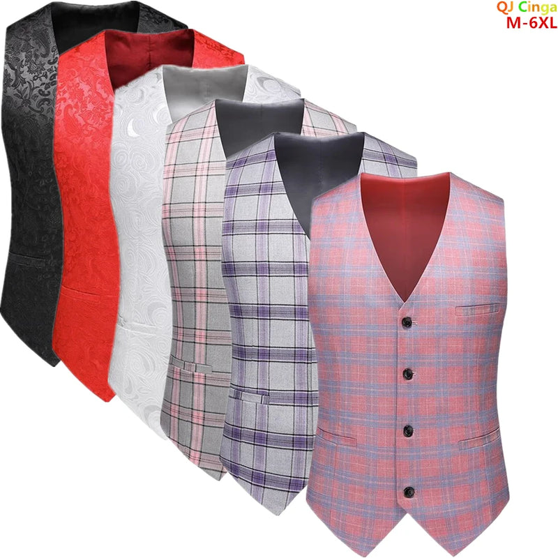 2026 Men's Gray-Purple Striped Plaid Suit Vest, Asian Sizes Red Slim Vests, Single-breasted V-neck Waistcoat, M-4XL 5XL 6XL