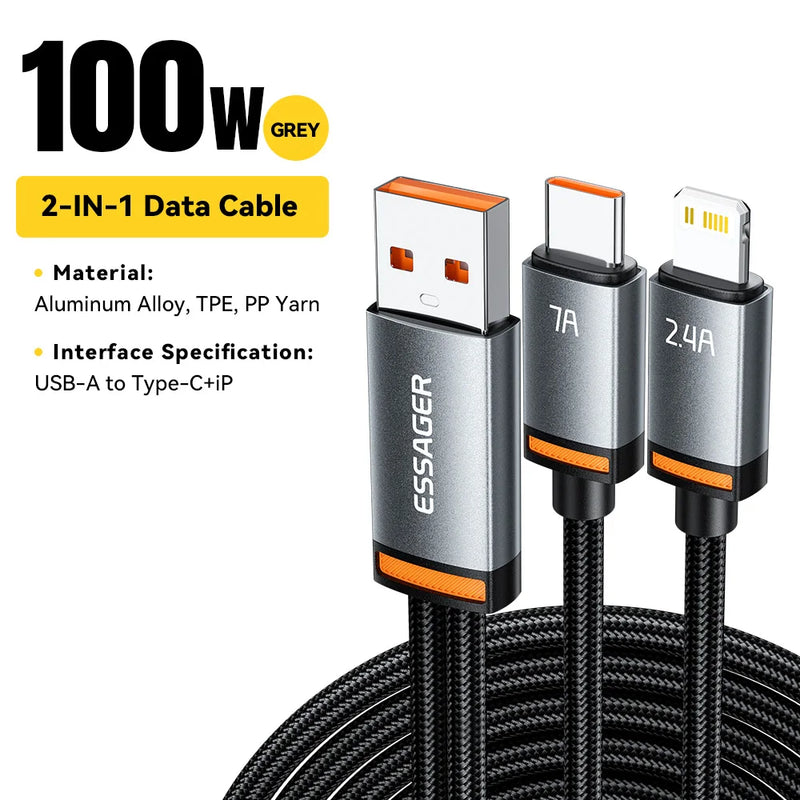 ខ្សែសាក Essager 2 in 1 7A USB A ទៅ Type C ទៅ Lighting 100W PD សាកលឿនសម្រាប់ Macbook IPhone16 15 14 Samsung Xiaomi Huawei Hono