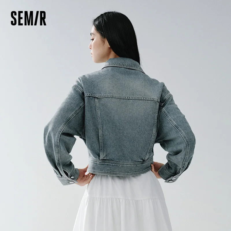 Semir Vintage Jacket Women 2026 Spring Short Lapel Drop Shoulder Loose Distressed Cargo Streetwear Stylish Outerwear