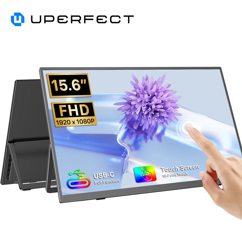 ម៉ូនីទ័រចល័ត UPERFECT ទំហំ 15.6 អ៊ីញ អេក្រង់ប៉ះ 60Hz 1080P អេក្រង់ប៉ះ 10 ចំណុច ជើងទម្រ LS ដែលភ្ជាប់មកជាមួយ 1500:1 HDMI USB C អេក្រង់សម្រាប់ធ្វើដំណើរ