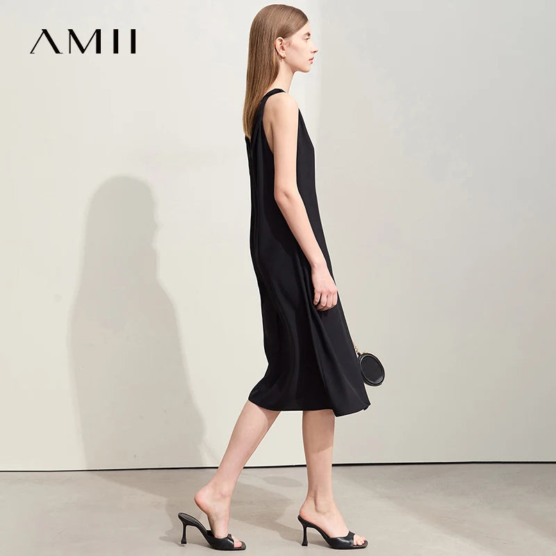 រ៉ូប Amii Minimalism Casual សម្រាប់នារីការិយាល័យរដូវក្តៅឆ្នាំ ២០២៥ ដៃអាវគ្មានដៃ រមួលជាខ្សែ ខ្នងខ្លី រលុងស្រាល 12542218