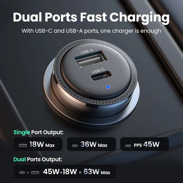 NEW in UGREEN 63W Car Charger PD QC 3.0 PPS 45W USB Type C Fast Charging for iPhone 17 16 Samsung Xiaomi Mobile Phone Charger