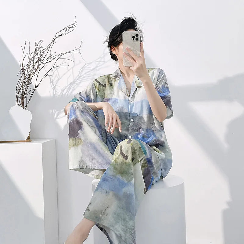 Floral Pajamas Woman Summer Night Wear Ladies 2 Piece Pijama Cardigan Lapel Short Sleeve Homewear Loungewear Home Suit 2026 New