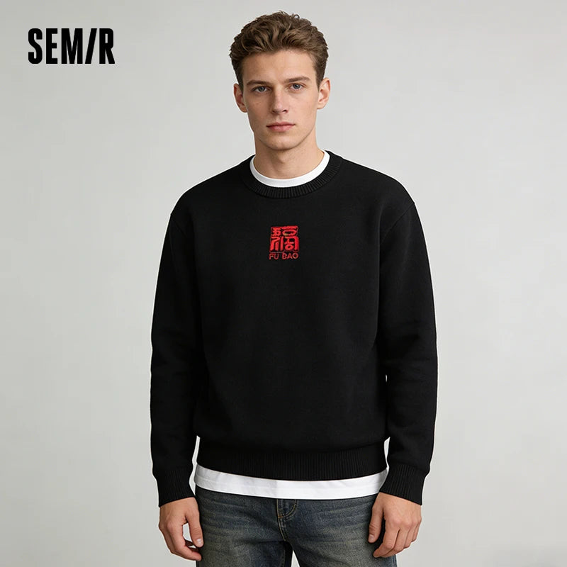 Semir Lucky Sweater Men Spring Five Blessings Pattern Crew Neck Slightly Loose Casual Versatile Knitwear Fashion Top