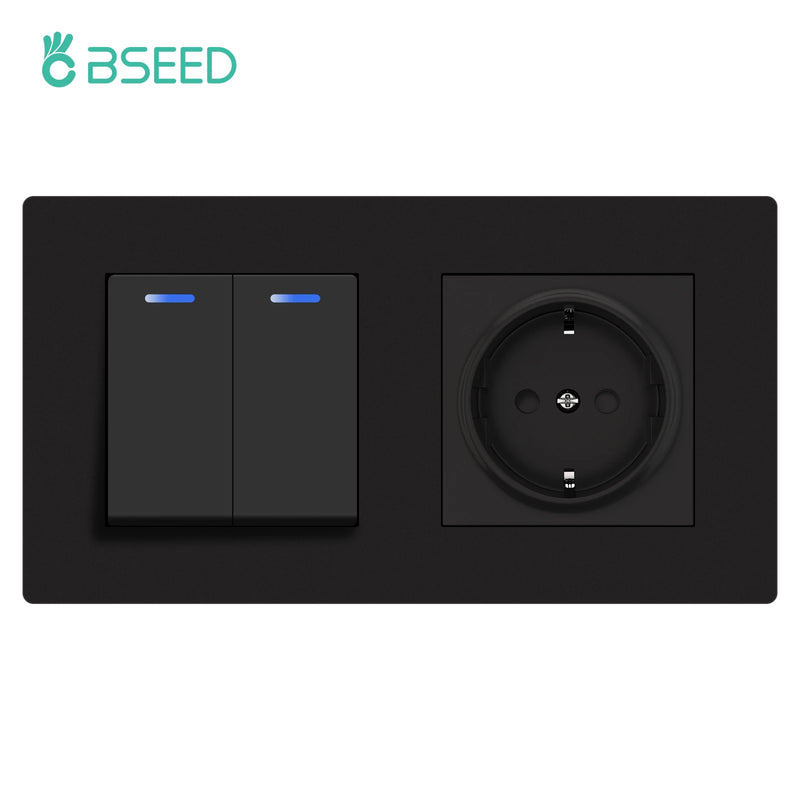BSEED New Type 1/2Gang 1Way Mechanical Button Switch Light Switch Plus Wall Power Socket With Claws Plastic Panel EU Outlets