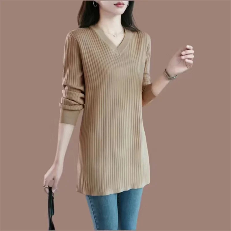 Solid Stretch Female Jumper Top Spring Autumn Large Size Knitted Sweater Women's Pullovers Casual V-Neck Long Knitwear Dress