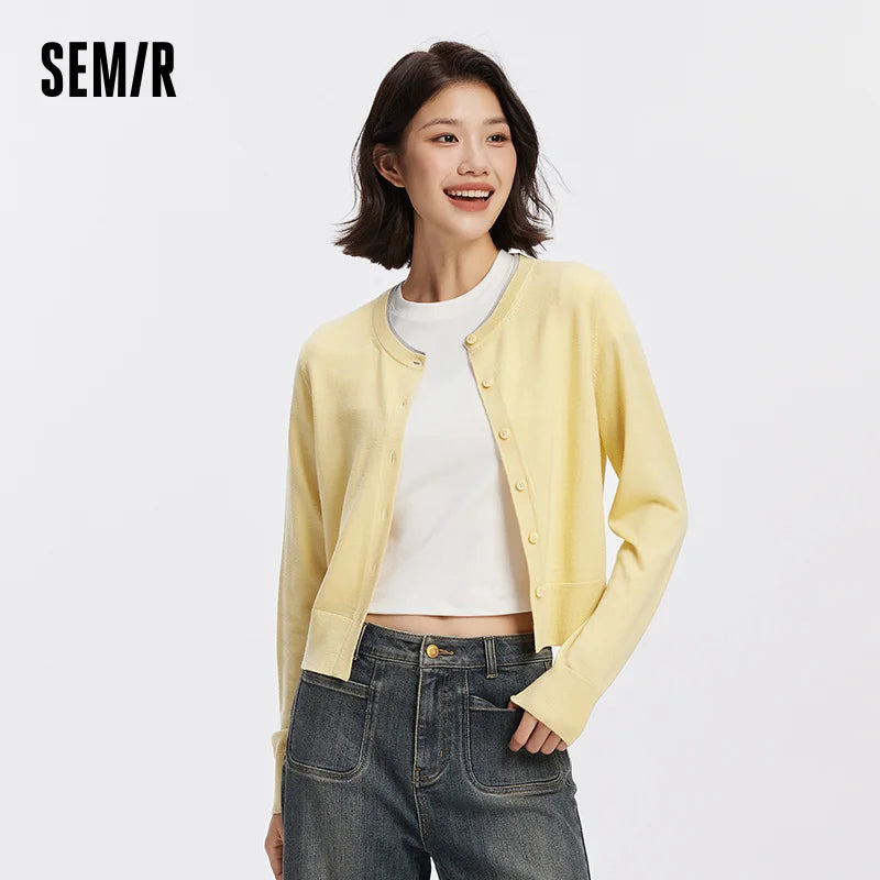 Semir Women Cardigan Short Contrast Crew Neck Faux Two Piece Wool Blend Soft Elegant Autumn Knitwear Daily Wear 2026