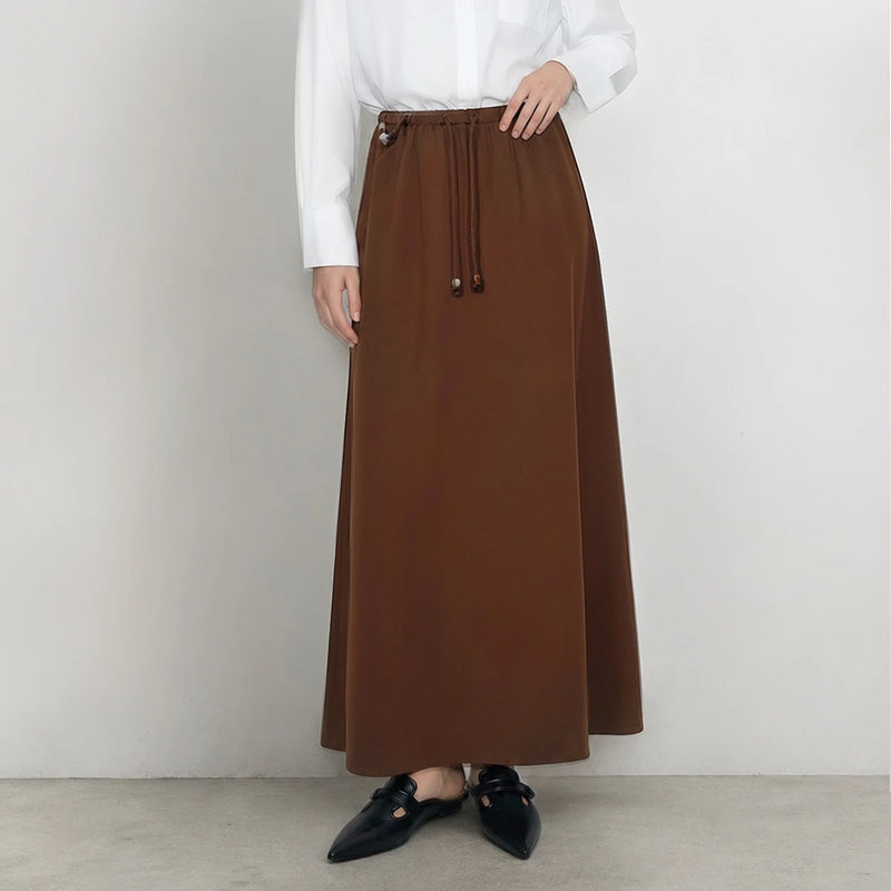 Amii Long Skirt 2026 Autumn New Drawstring Waist Casual Knit Women's Skirt Stretch Loose Daily Wear Flowy Woman Clothes 12643010