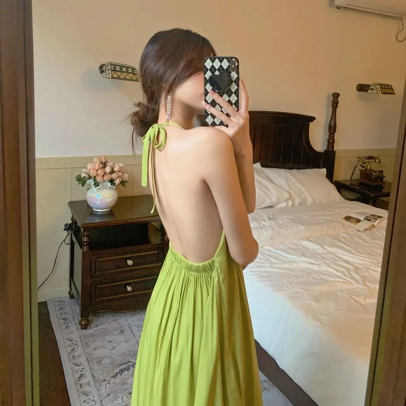 Summer Home Clothes Skinny Hollow Backless Loungewear Women Sexy Satin Nightdress Backless Temptation Pajamas Nightwear Female