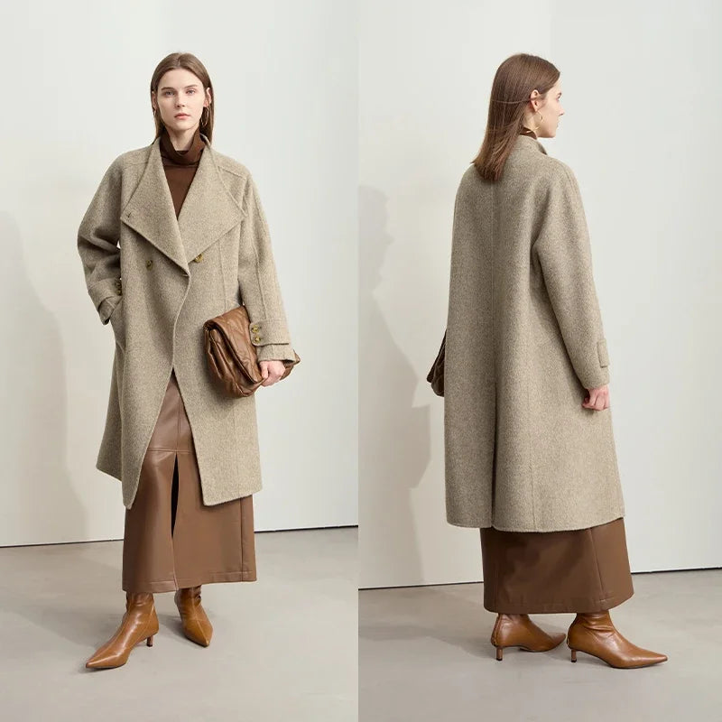 AMII Minimalism 100% Wool Double-sided Woolen Coat for Women 2026 Winter Commuter Raglan Sleeve Loose Long Outerwear 12424063