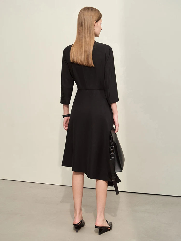 រ៉ូប Amii Minimalism Fake Two Pieces Spliced សម្រាប់ស្ត្រីឆ្នាំ ២០២៤ រដូវស្លឹកឈើជ្រុះថ្មី Midi Commuter រ៉ូបស្តើងដៃបីភាគបួន ១២៤២១០៦៩