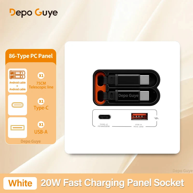 EU Universal 20W USB C Smart Wall Socket Panel Dual Type-C Fast Charge Ports Mobile Phone Charging Outlet