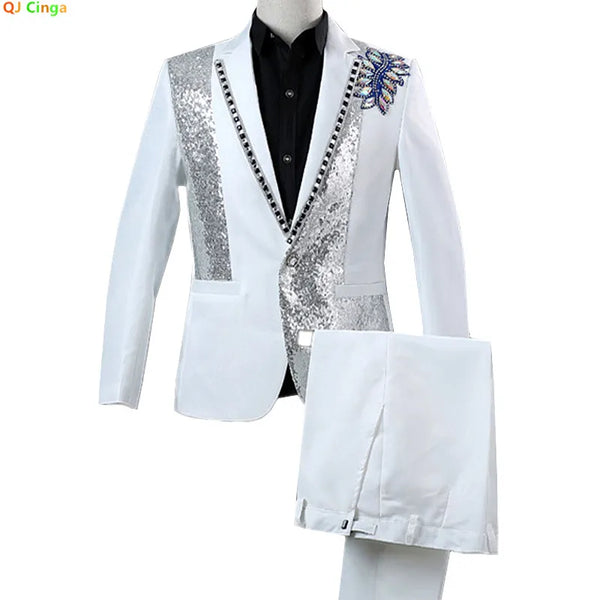 2027 New Men's Two-Piece Suit Set; The Jacket Features Circular Sequin Embellishments, Perfect for Nightclubs, Singers, Parties.