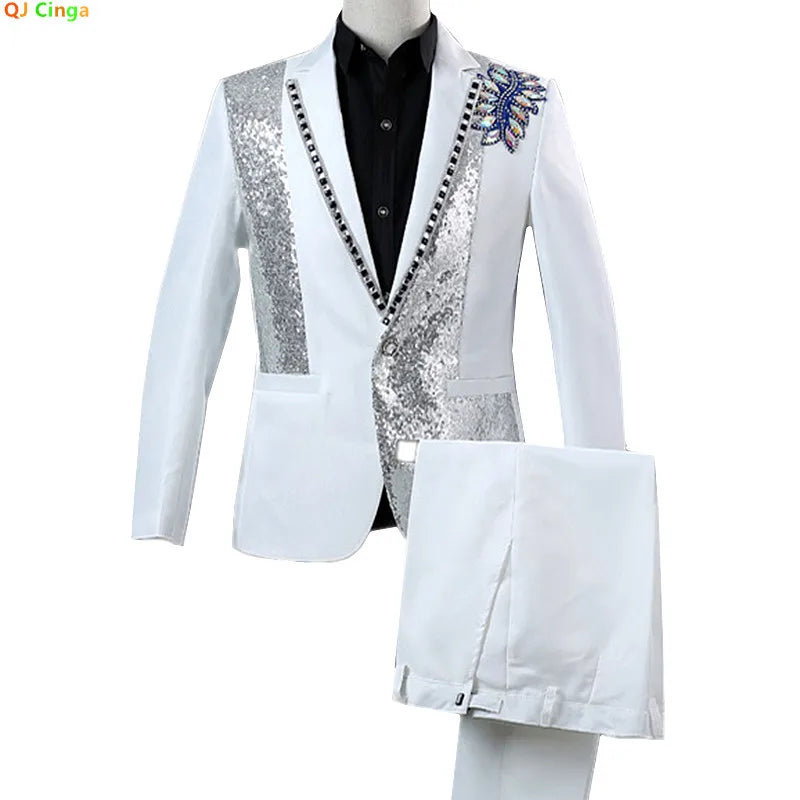 2027 New Men's Two-Piece Suit Set; The Jacket Features Circular Sequin Embellishments, Perfect for Nightclubs, Singers, Parties.
