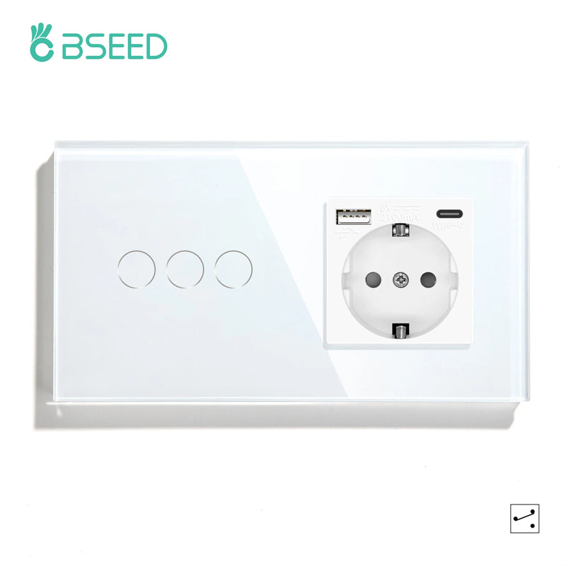 Bseed 1/2/3 Gang 2 Way Touch Light Switch with EU Socket and USB Type-C Port, Tempered Glass Wall Switch with Blue Backlight