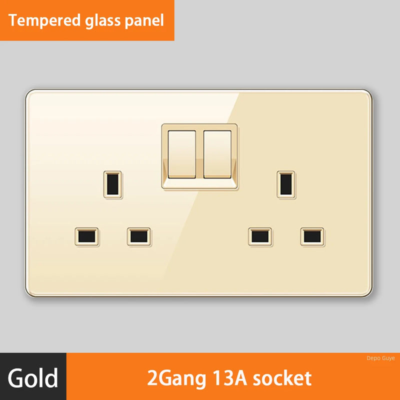 Luxury All Tempered Glass Wall Lamp Switch Button Golden UK Plug 13A Universal Wall Socket with Usb ,220V2gang2way Dimmer Switch